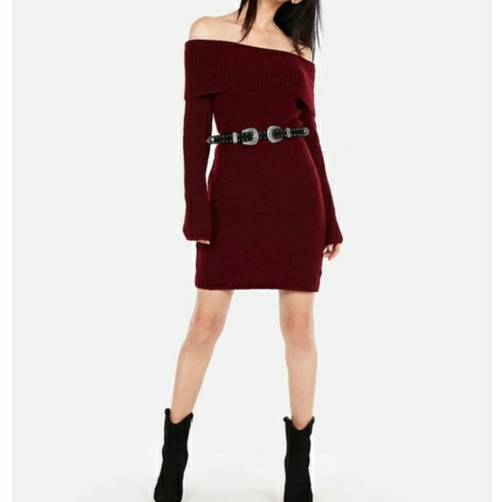 Express Off the Shoulder Sweater Dress Burgandy XS